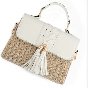 Chic White and Tan Straw Shoulder Bags Crossbody Clutch Bag  Tassel Handbag